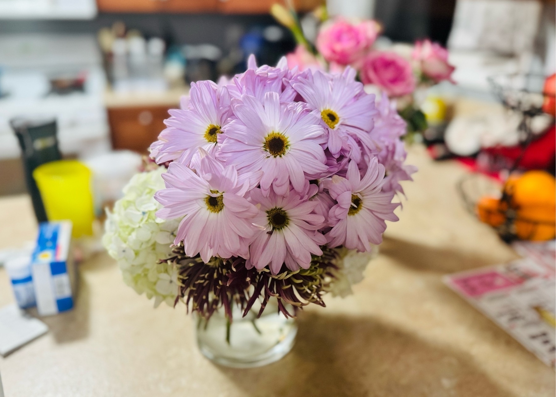 Flowers on our (messy) kitchen counter. 