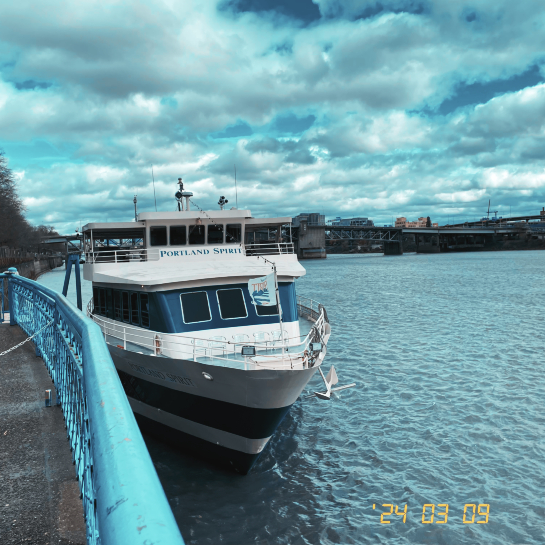 view of the Portland Spirit and the Willamette River from the dock