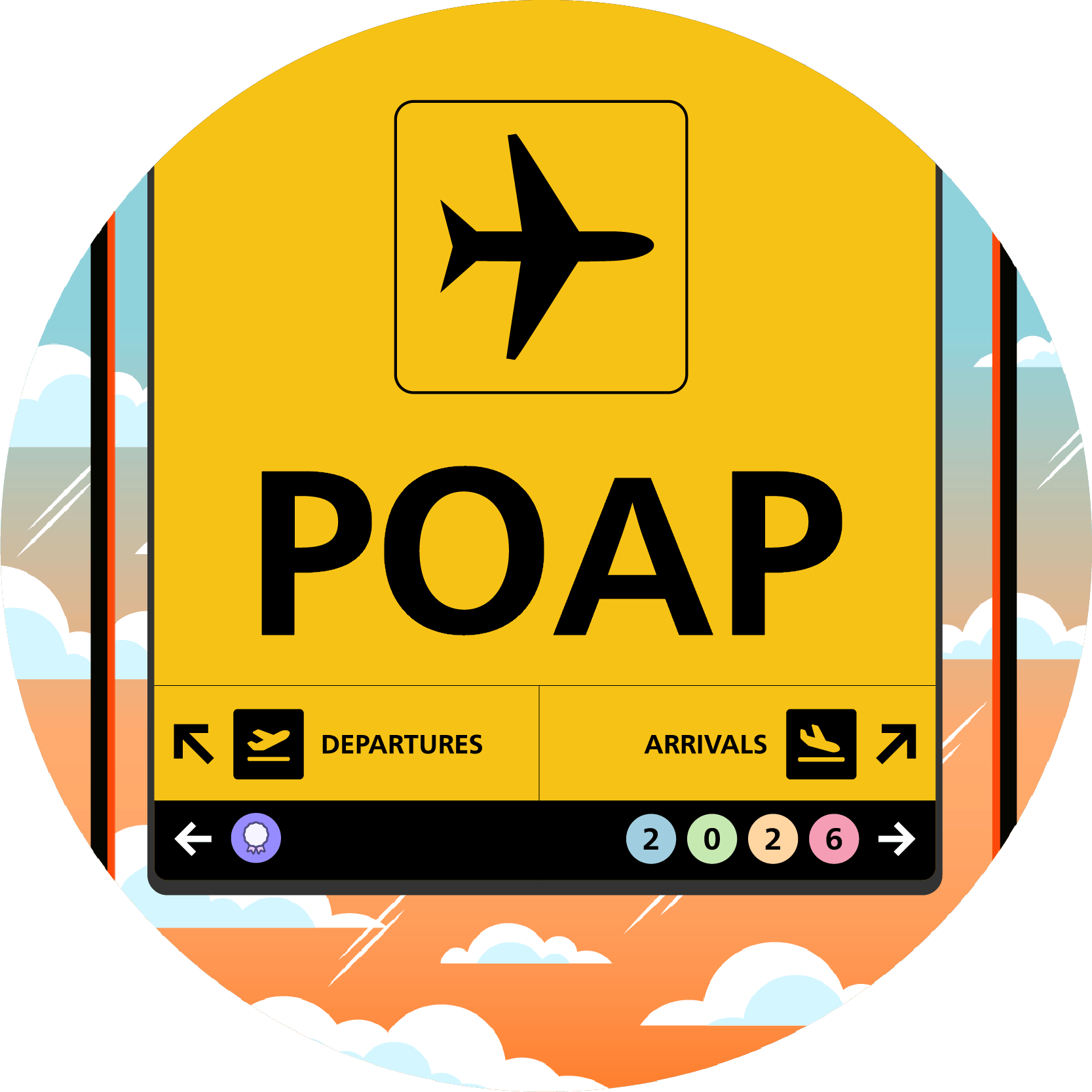 Auto-generated description: A digital illustration features an airport sign with POAP beneath an airplane symbol, set against a colorful sky with clouds.