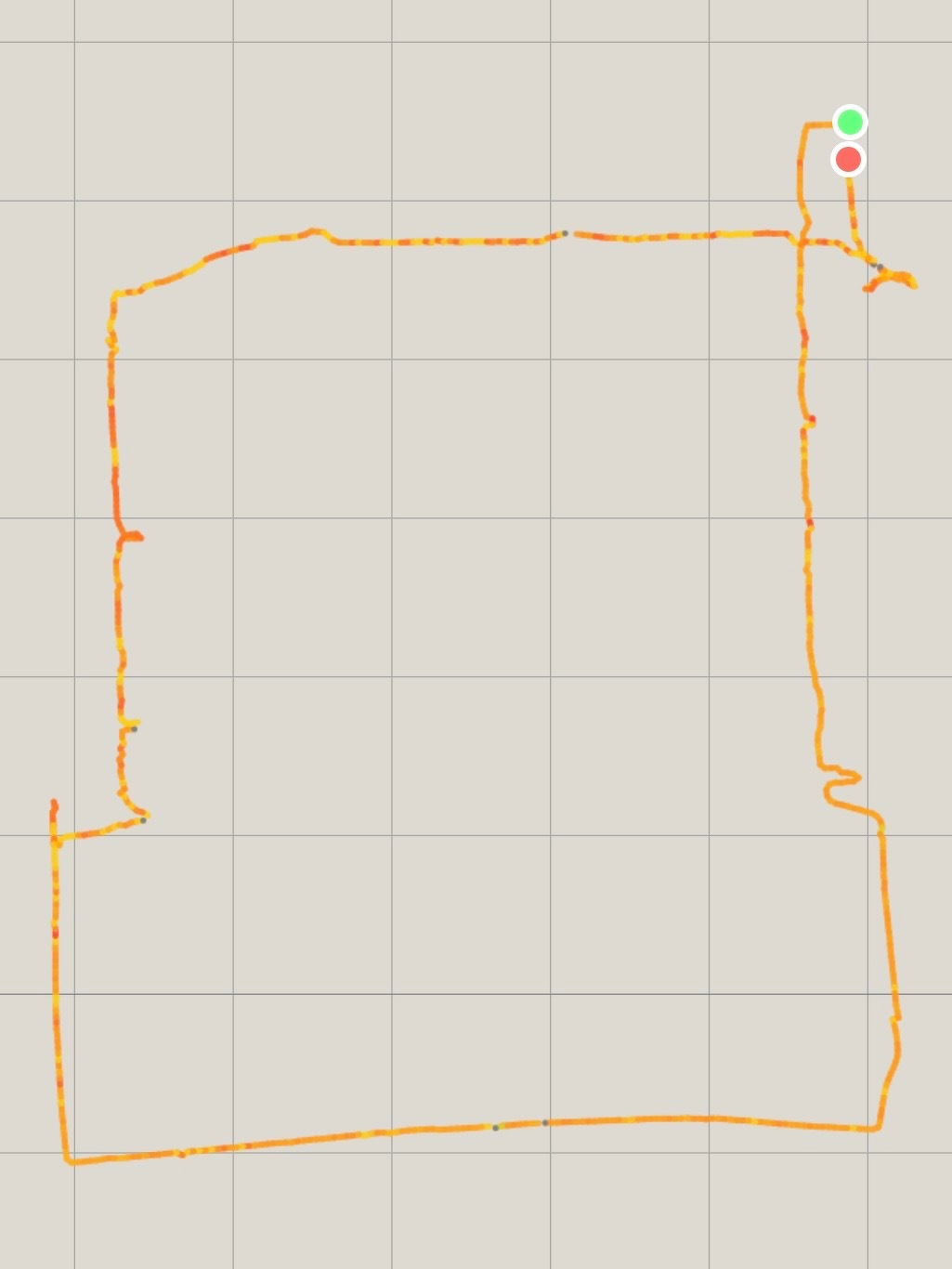 A GPS map shows a tracked route forming a square or rectangle with a starting and ending point marked by a green and red dot.
