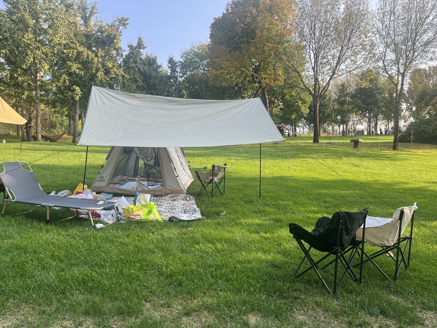 A campsite with a tent, tarp, folding chairs, and various supplies is set up on a grassy field next to a grove of trees.