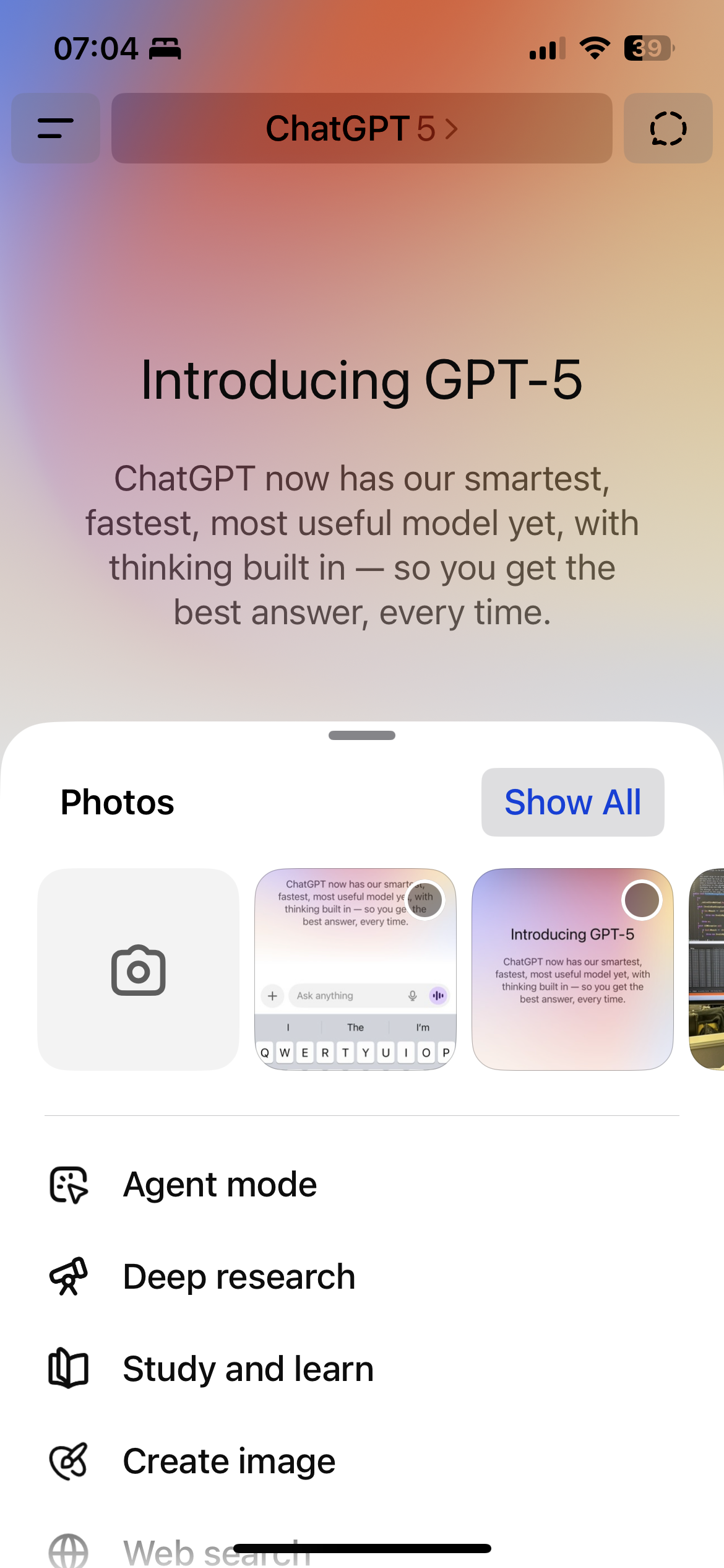 A mobile interface displays a notification about "Introducing GPT-5" with options for Photos and various modes like Agent mode and Deep research.