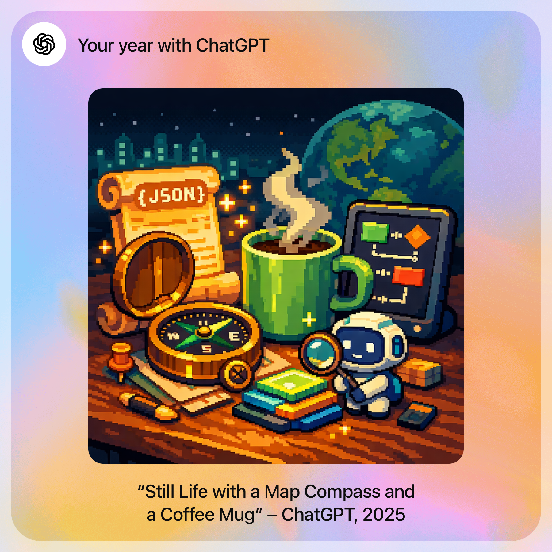 A digital artwork features a cozy scene with a coffee mug, a compass, a scroll labeled JSON, and a small robot on a table against a nighttime backdrop.