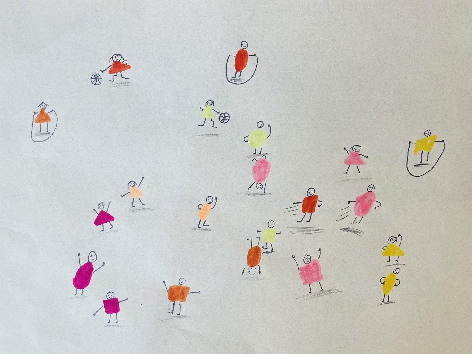 What a cute and creative paint from Hamer (A group of simple, colorful stick figures are engaged in various activities, some with balls.)