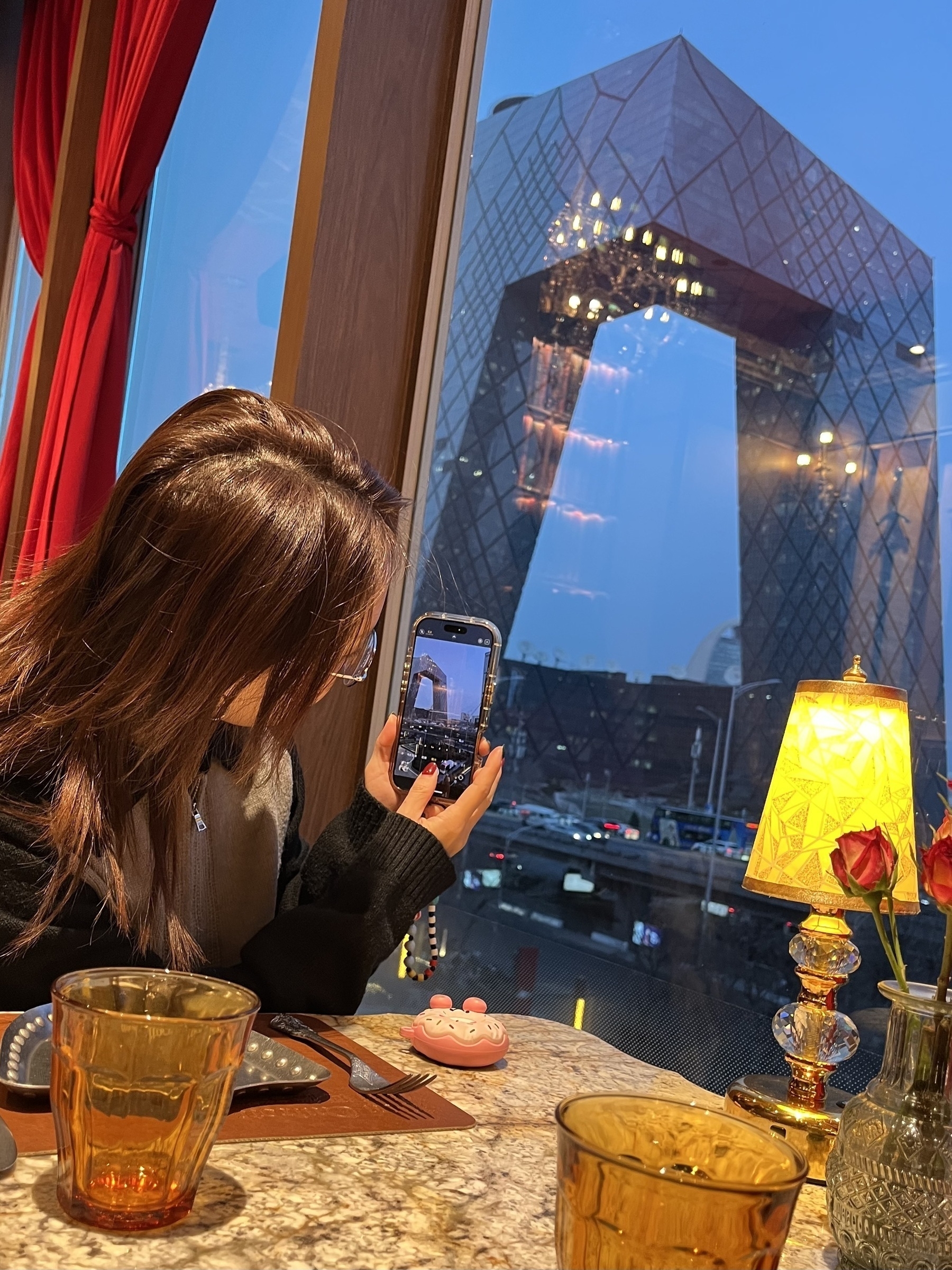 Our window-side seat overlooking the iconic CCTV Headquarters in Don Quixote