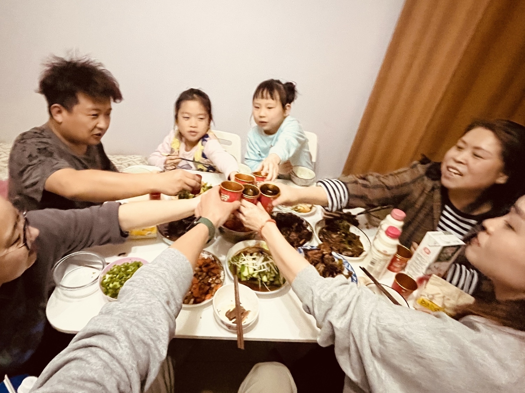 A family is gathered around a dining table, clinking glasses together over a meal.