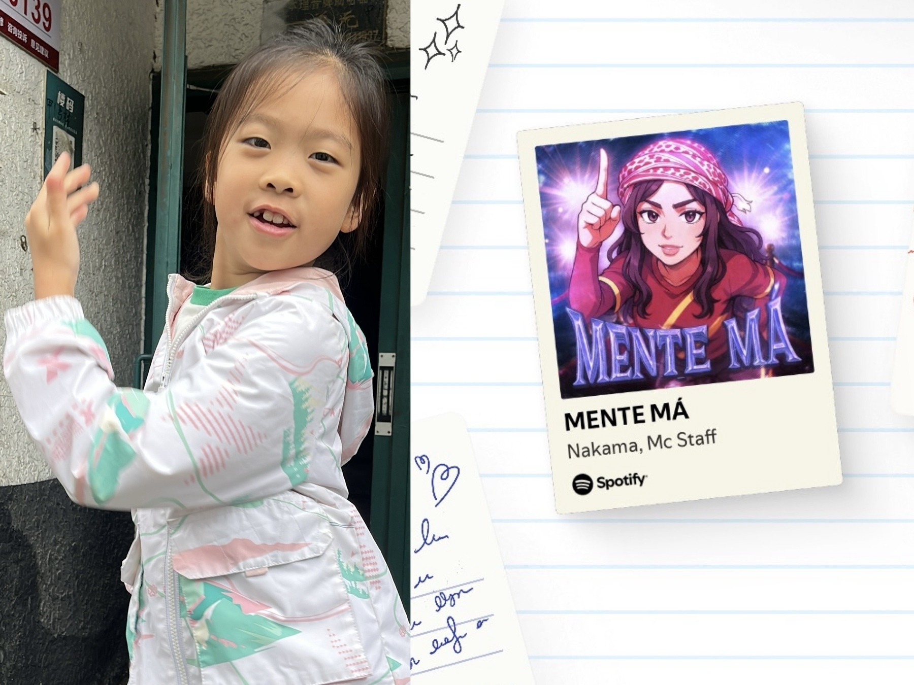 A young girl is looking at the camera while standing next to a digital image of a stylized character with the text Mente Má on a Spotify card.
