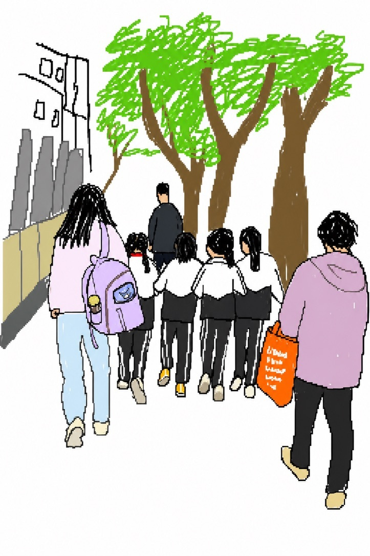 A group of children wearing school uniforms walk along a tree-lined sidewalk, accompanied by two adults carrying bags.