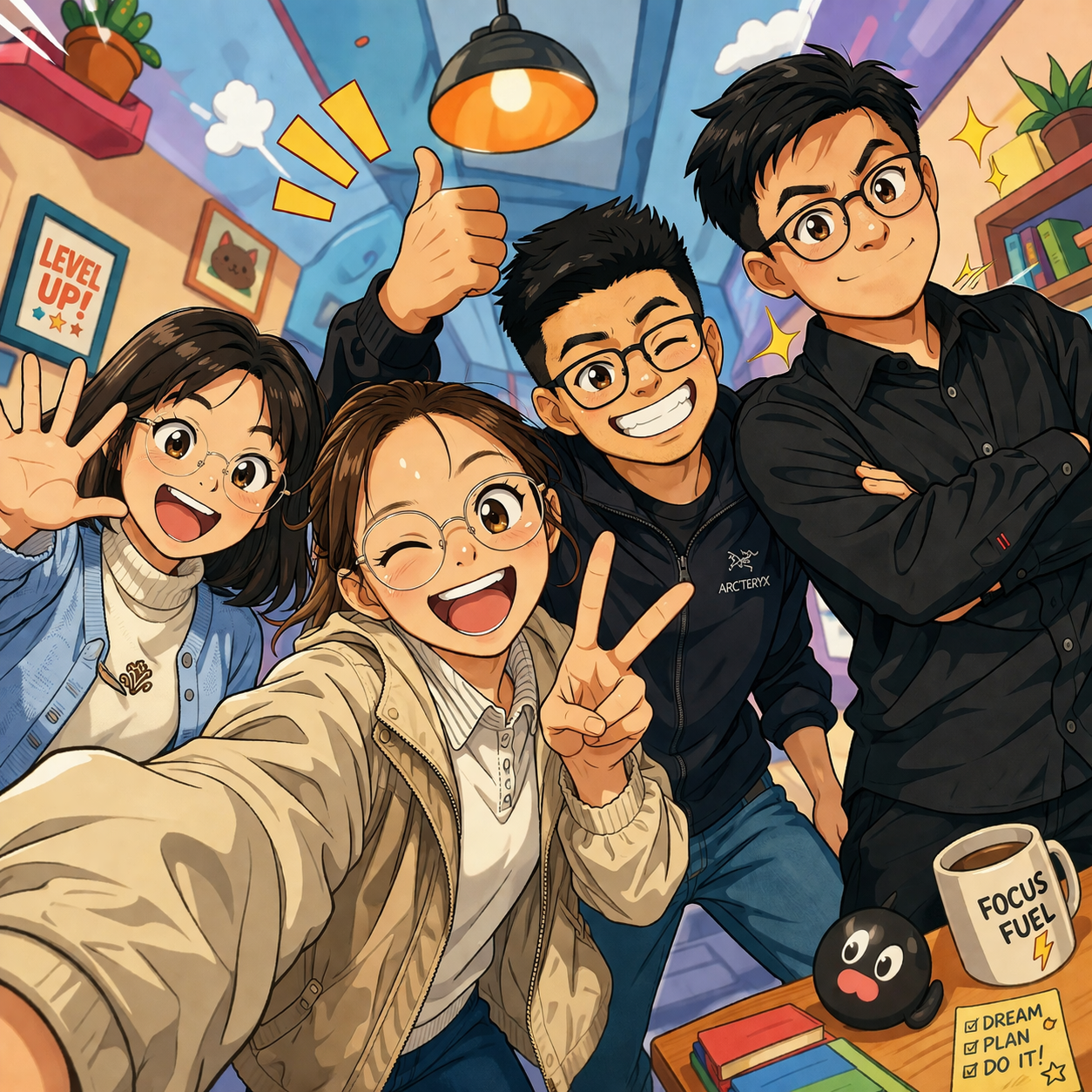 Four animated characters are happily posing together in a colorful room with motivational posters and books around them.