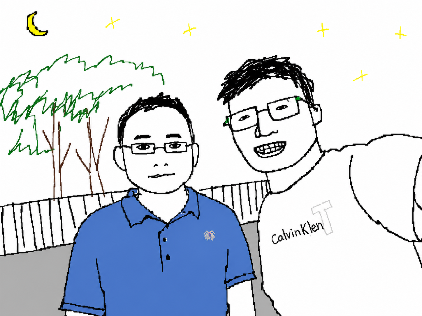 Two people wearing glasses take a selfie outside at night, with trees, stars, and a crescent moon in the background.
