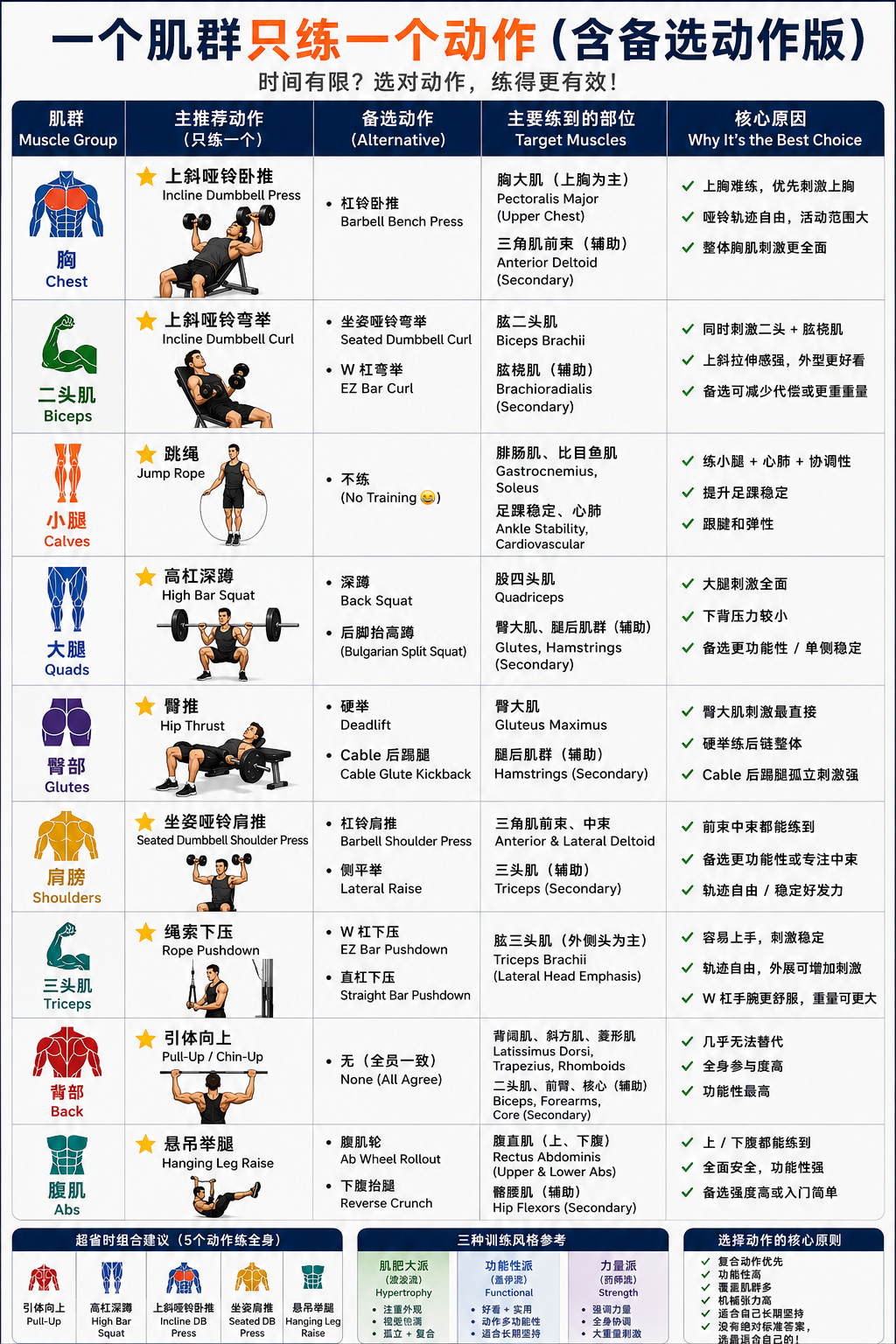 One exercise per muscle group guide-en&10;A fitness chart outlines various exercises for different muscle groups, with illustrations, target muscles, and benefits, accompanied by Chinese text.