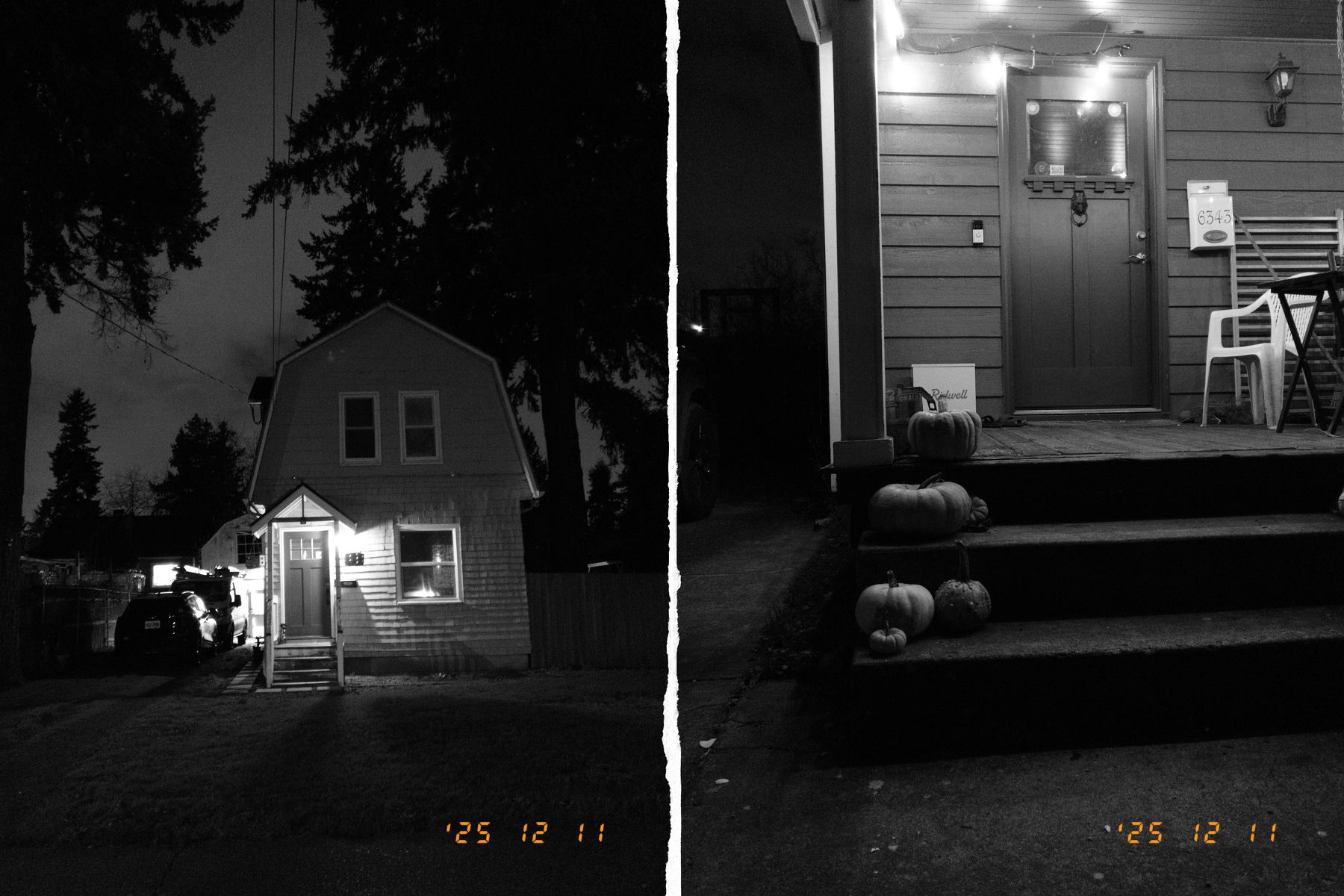 A black and white photograph features a two-story house at night on the left and a porch adorned with pumpkins on the right.