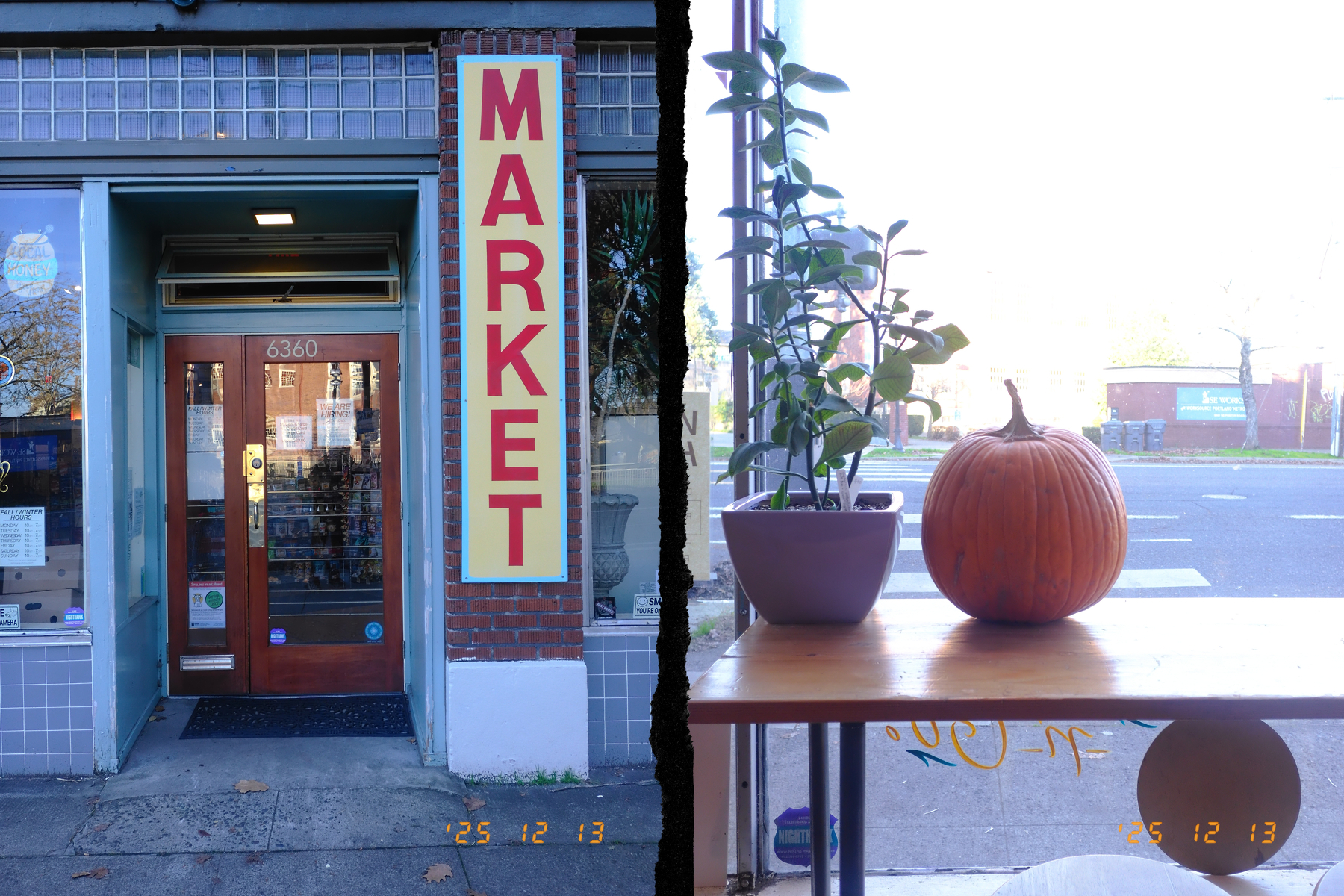 A storefront with a MARKET sign and a wooden table holding a potted plant and a pumpkin inside.