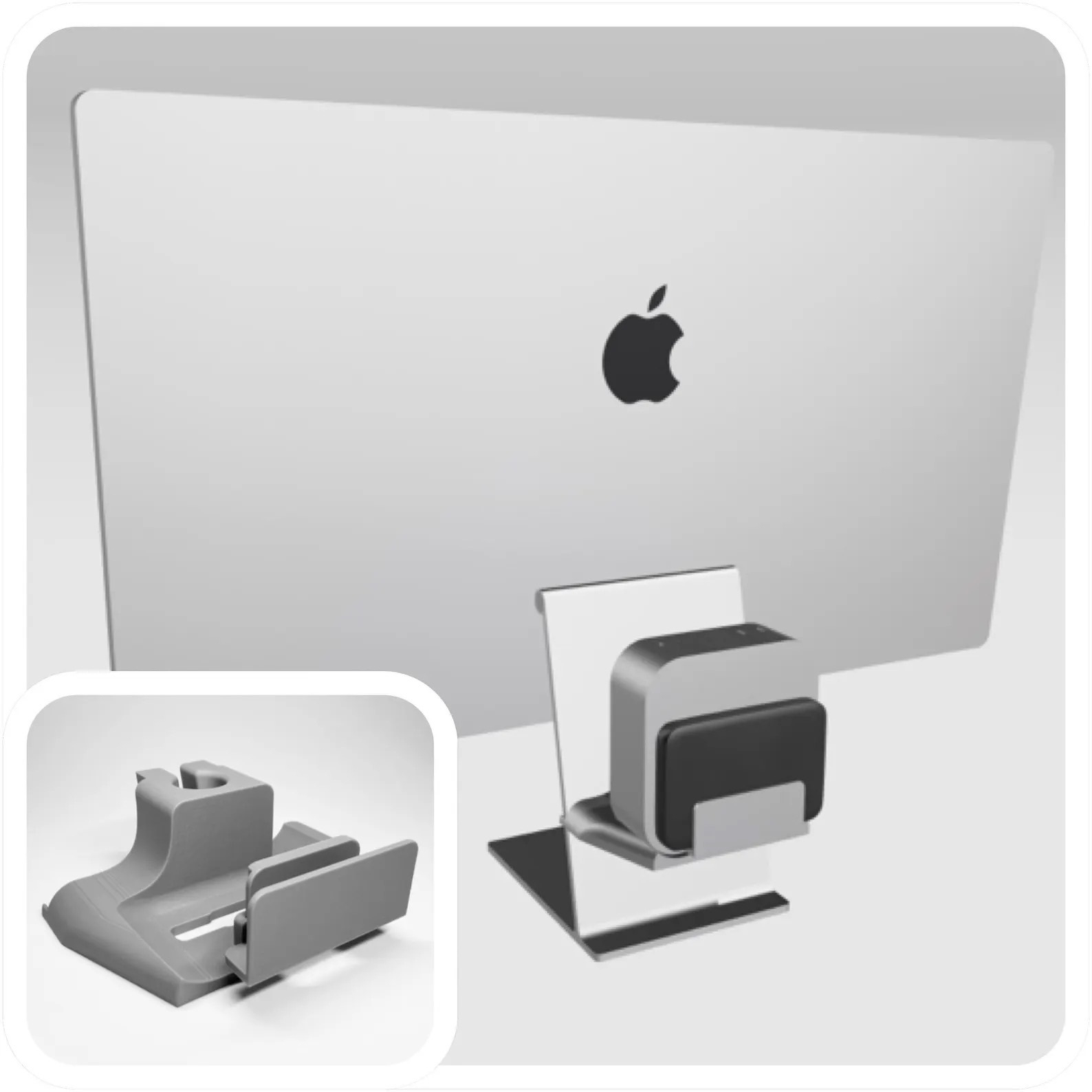 Rear view of an Apple Studio Display with a Mac mini holder on the stand. 