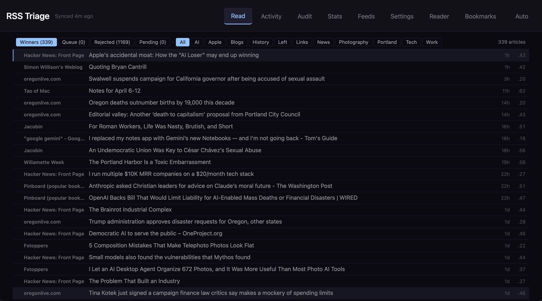 A screenshot of an RSS feed interface displays a list of news articles with various headlines and sources.
