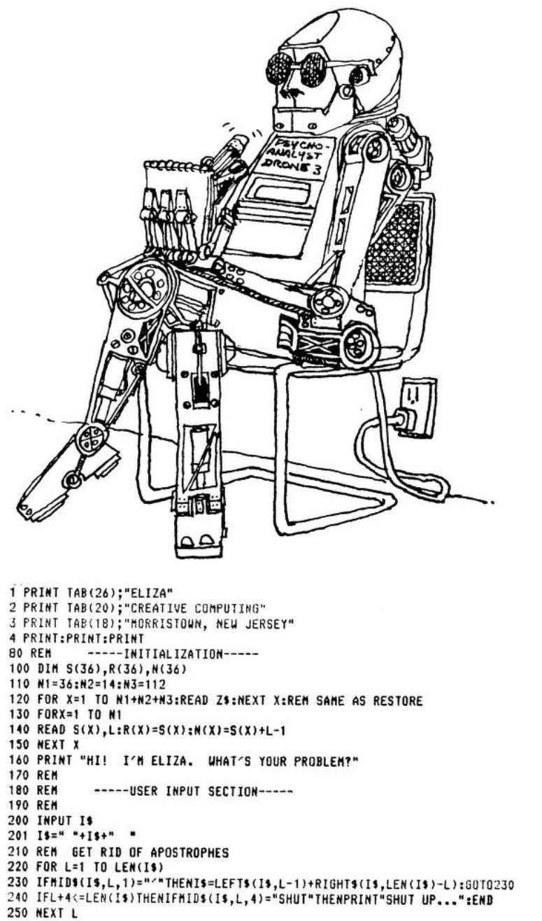 A robot sitting in a chair is surrounded by lines of programming code for an Eliza chatbot script.