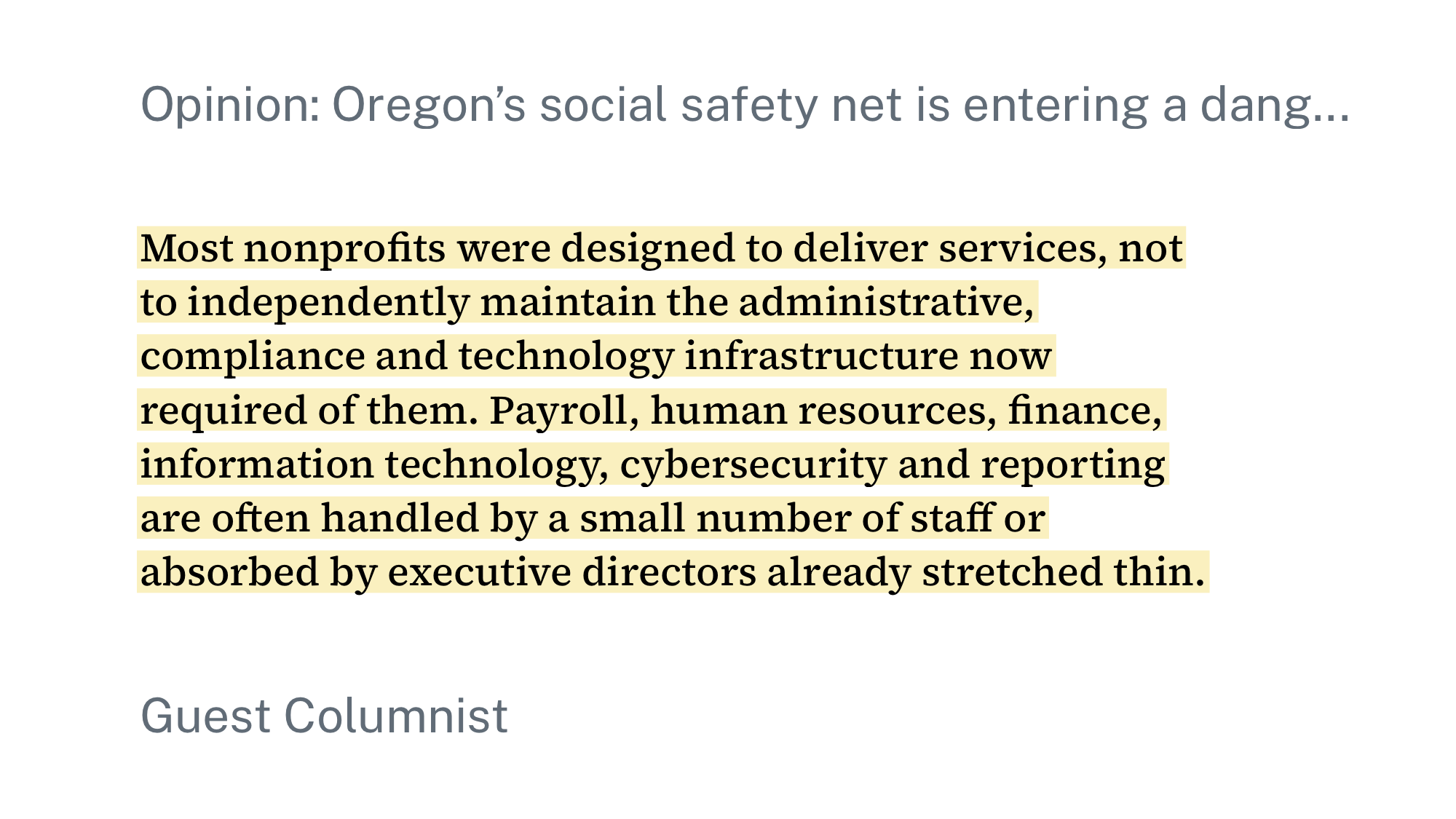 Highlighted text discusses the challenges nonprofits face in maintaining administrative and technological infrastructure independently.