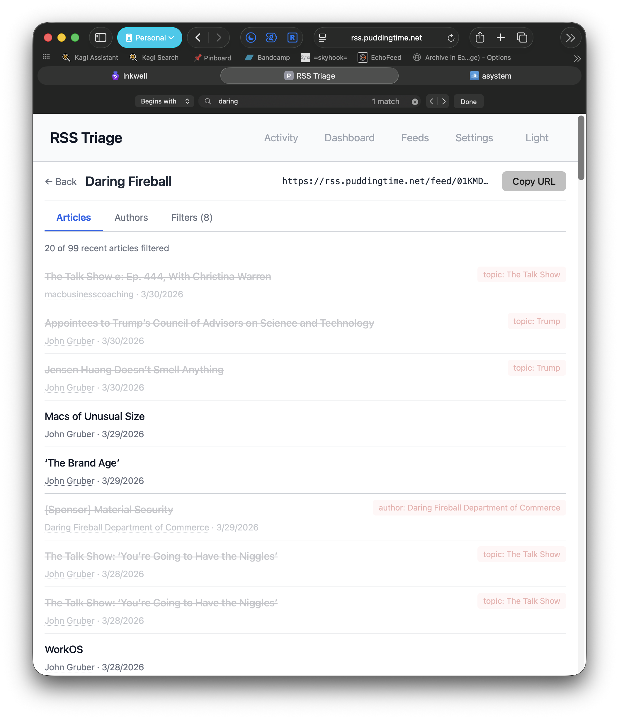 A screenshot shows an RSS Triage webpage featuring a list of articles, including titles, authors, and topics, with some parts highlighted in red text.