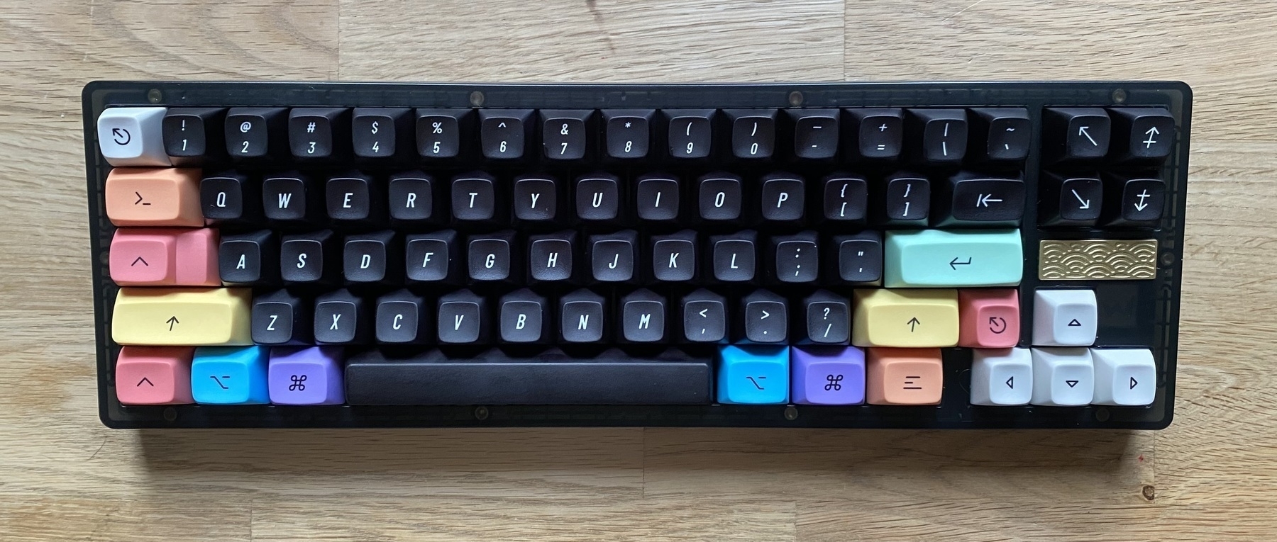 A mechanical keyboard with mainly black keycaps 