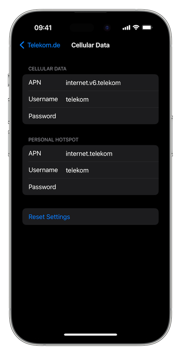 Screenshot of iPhone APN settings