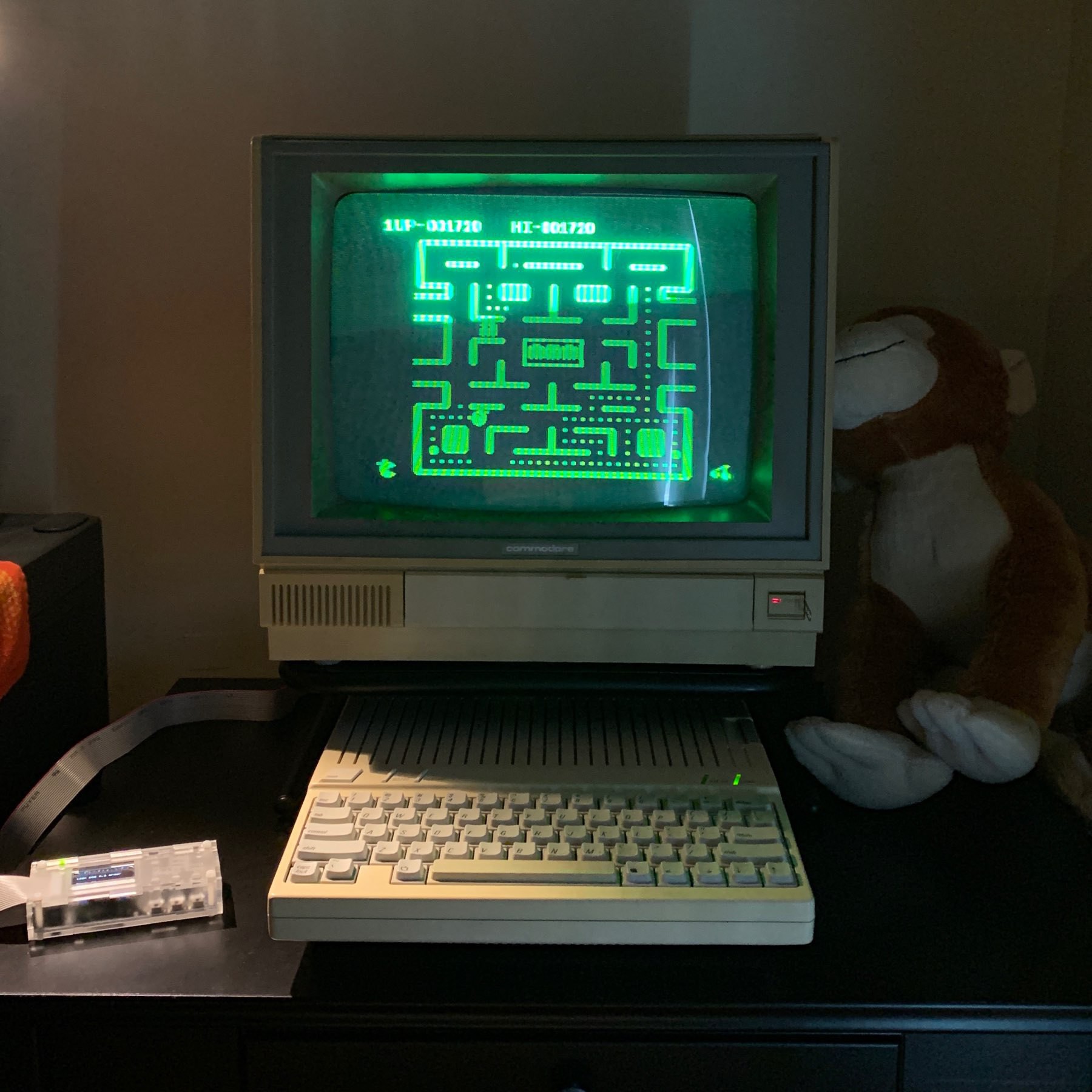 Apple IIc connected to Commodore monitor with monochrome green phosphor picture