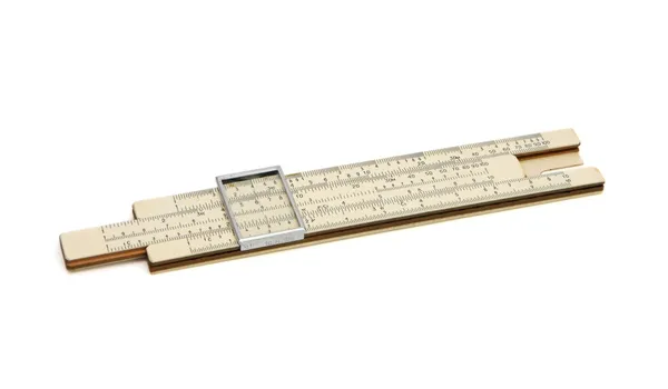 Auto-generated description: A classic slide rule with multiple scales and a movable cursor is shown.