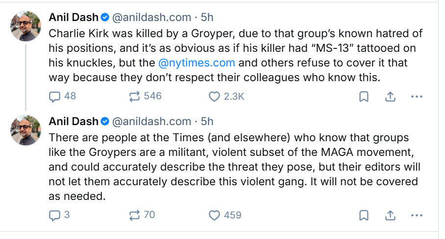 Auto-generated description: Anil Dash discusses Charlie Kirk's death allegedly by a group and criticizes media coverage of the incident.