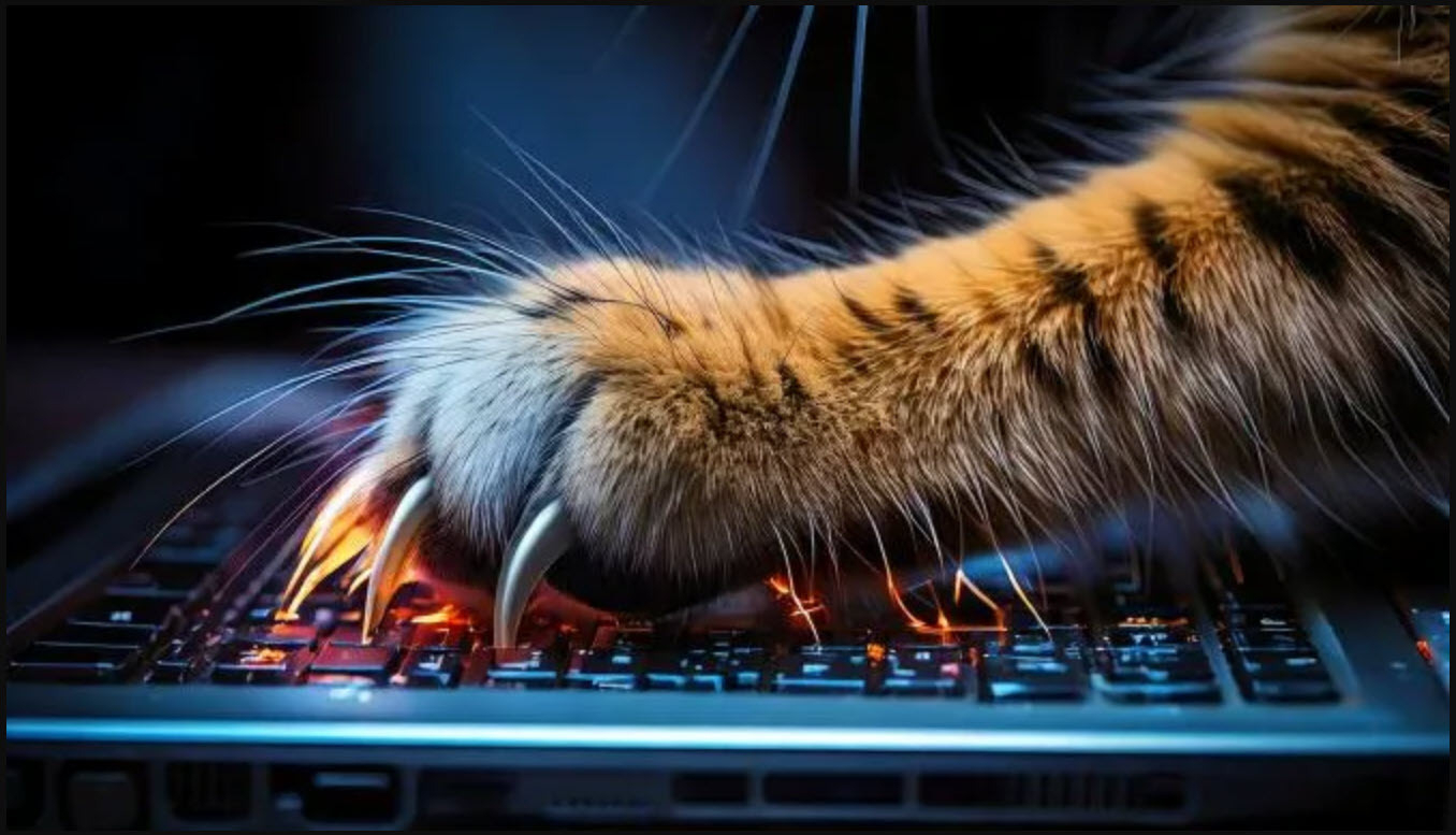 Yeliz Genz used AI to make a cat's paw with extended claws is pressing down on a glowing laptop keyboard.