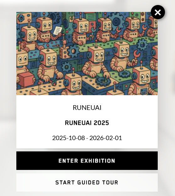 Auto-generated description: A whimsical illustration features playful robots engaging with colorful gears and blocks, promoting an exhibition called RUNEAI 2025.