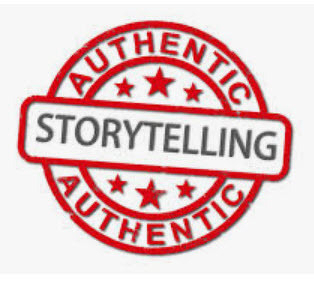 Auto-generated description: A circular red stamp features the words AUTHENTIC STORYTELLING with stars surrounding it.