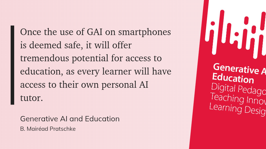 Text discusses the potential of generative AI in personalizing education once deemed safe for smartphones, with Pratschke's cover on  the right.