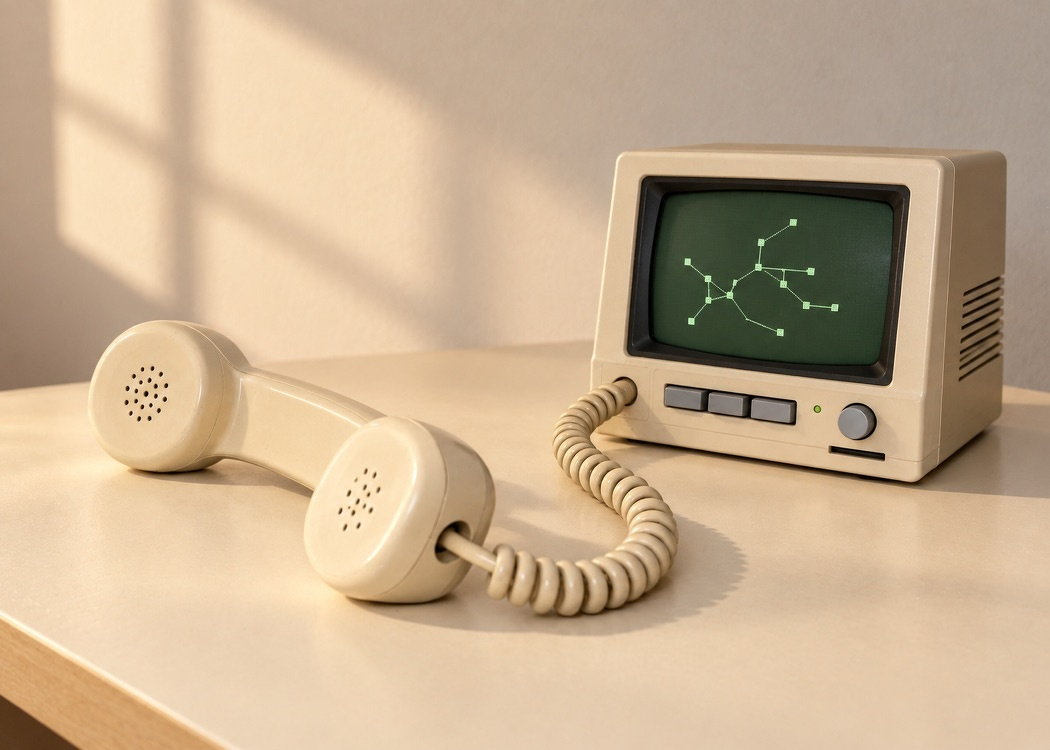 A cream telephone handset connected to a small green-screen terminal displaying a branching network of notes.
