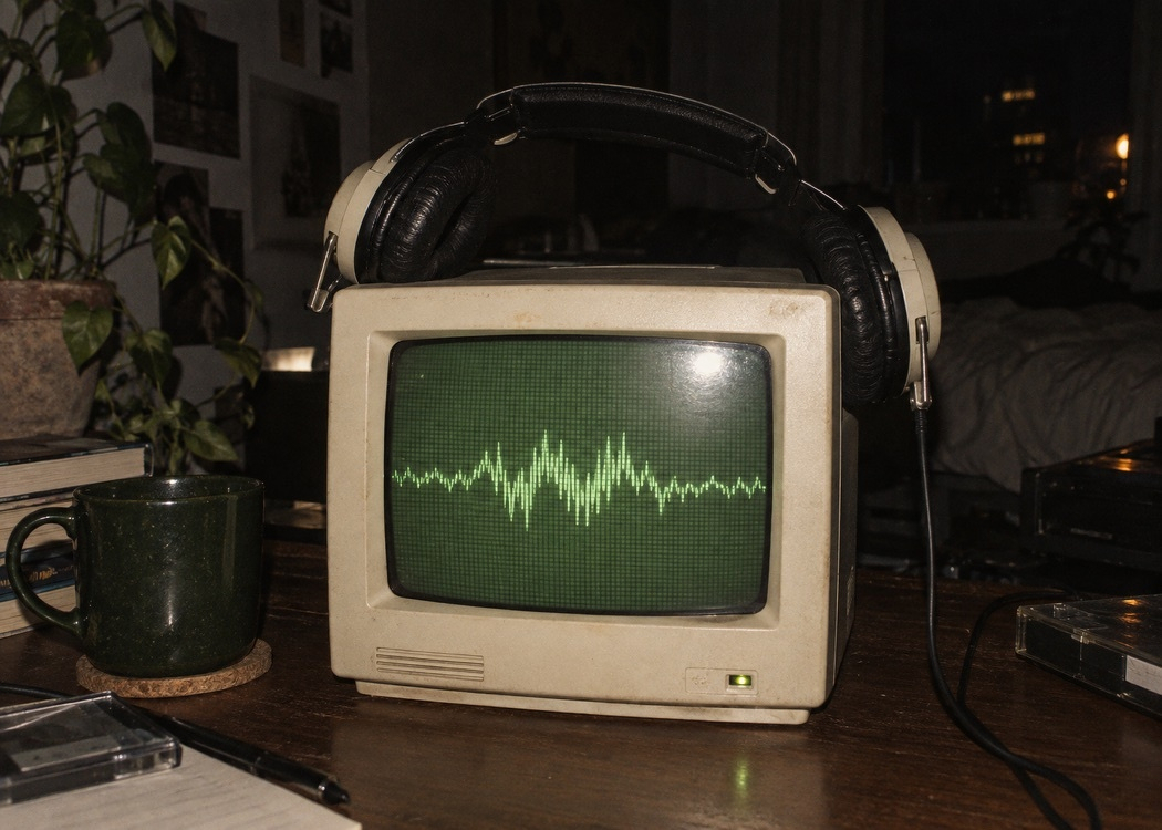 Wired headphones resting on a small cream computer monitor whose green screen shows an audio waveform