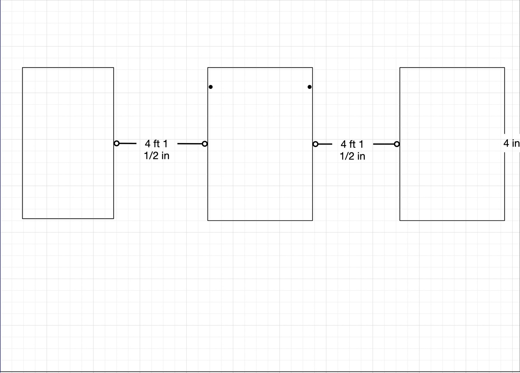 A drawing in Omnigraffle of my room with three rectangles, one a different width than the other, as I try to figure out how to balance a bookshelf and two framed posters.