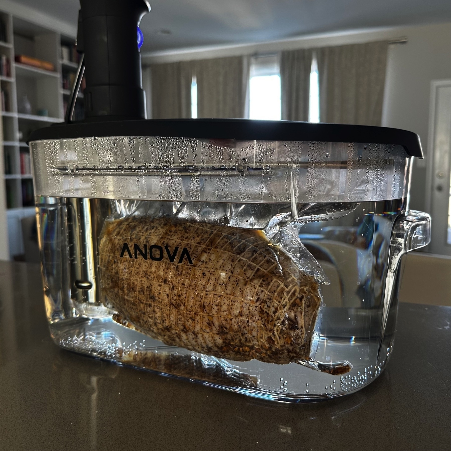 A boneless turkey breast in a zip loc bag floating in an Anova water bucket with a sous vide wand attached.