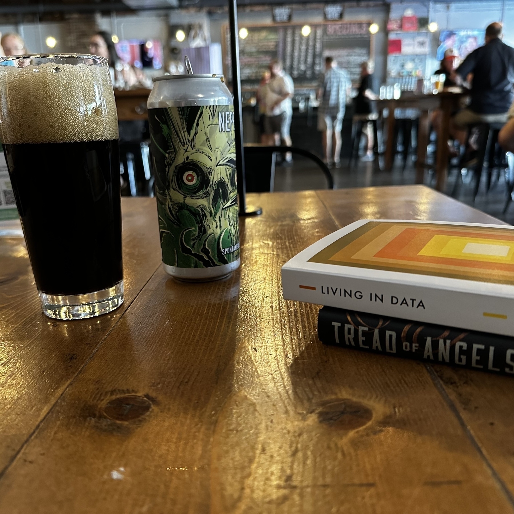 A dark beer in a pint glass with 2 inches of foam on top. Next to it, a tall can with a green stylized skull. Stacked next to the beer are two books, a dark cover below and a white cover above. 