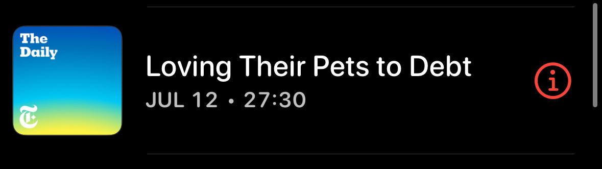 A screenshot of the podcast The Daily with the episode title, “Loving Their Pets to Debt”.