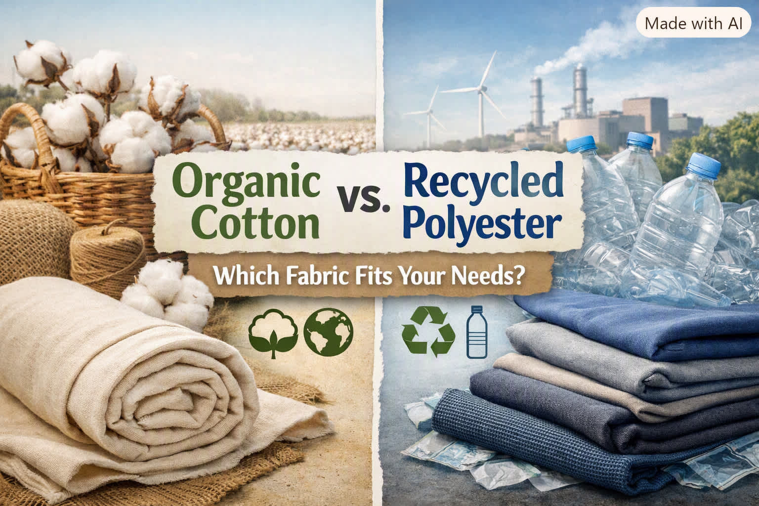 A comparison between organic cotton and recycled polyester fabrics is depicted, highlighting their sources and environmental icons to help determine which fabric fits a person's needs.