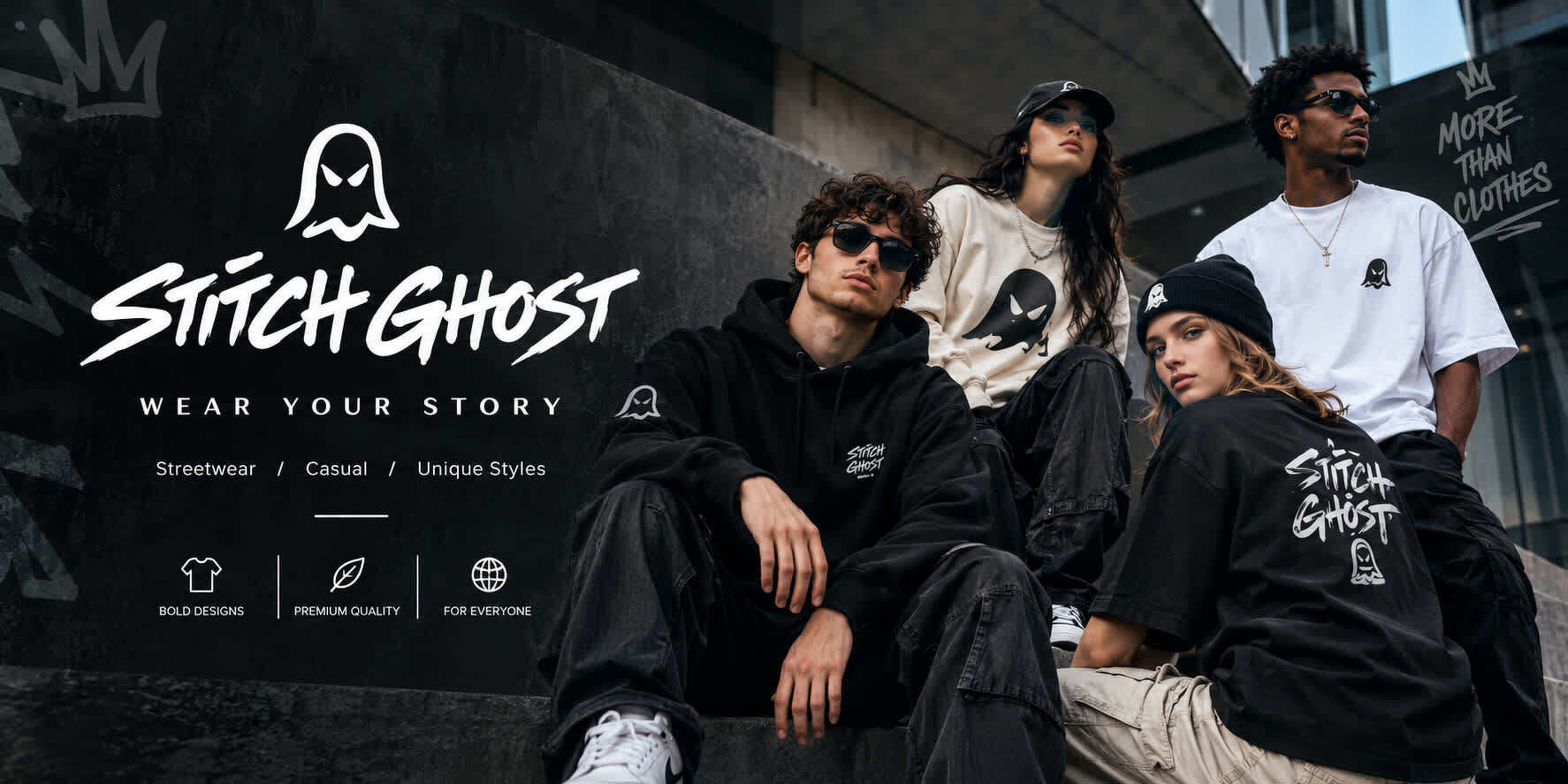 Four young adults wearing casual streetwear featuring the Stitch Ghost brand logo are posing against an urban backdrop with graffiti.