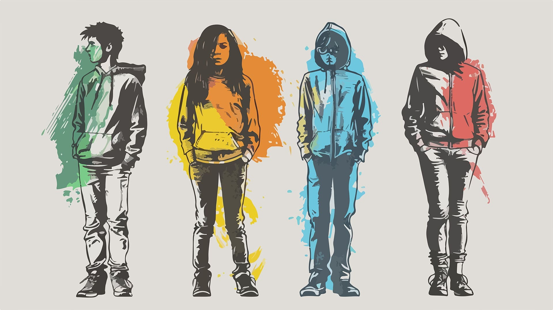 Four individuals wearing hooded sweatshirts stand side by side, each with a different colored background splash behind them.