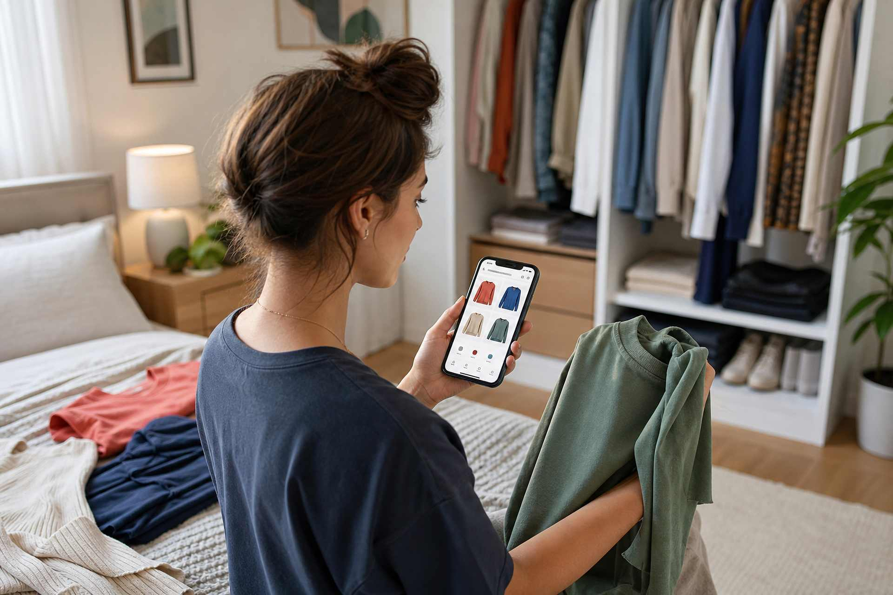 Auto-generated description: A woman is holding a green shirt in one hand while browsing clothing options on her smartphone in a bedroom with a wardrobe and clothes laid out on the bed.