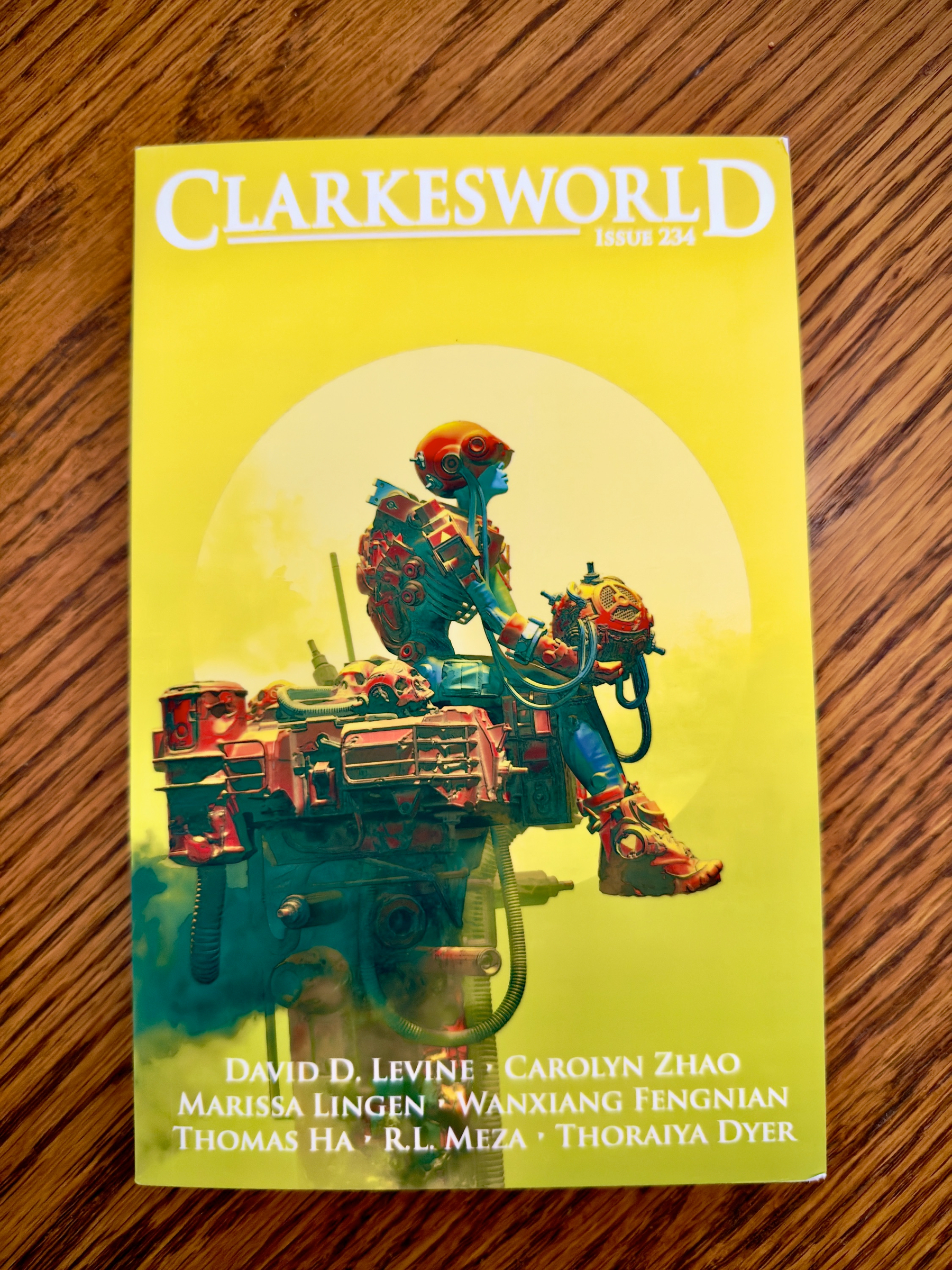 Auto-generated description: A futuristic figure in elaborate armor sits on a mechanical structure against a yellow background, featured on Clarkesworld Issue 234.