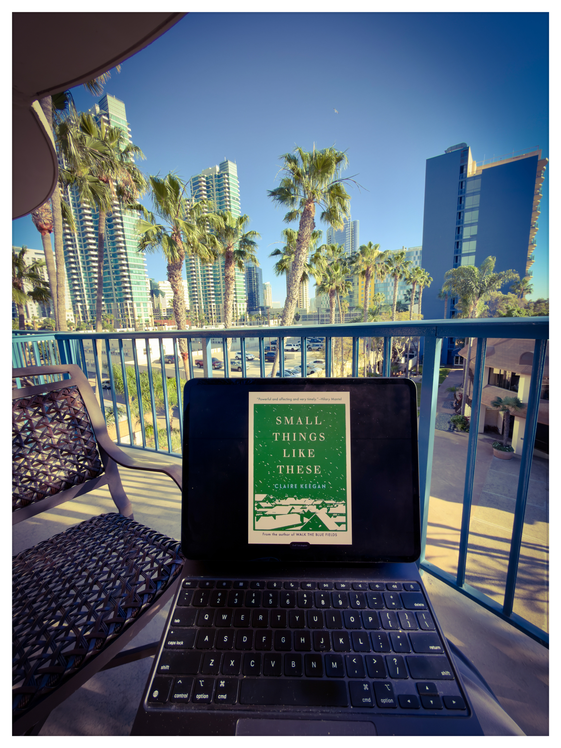 Auto-generated description: A tablet displaying the cover of Small Things Like These is placed on a keyboard against a backdrop of a sunny cityscape with tall buildings and palm trees.