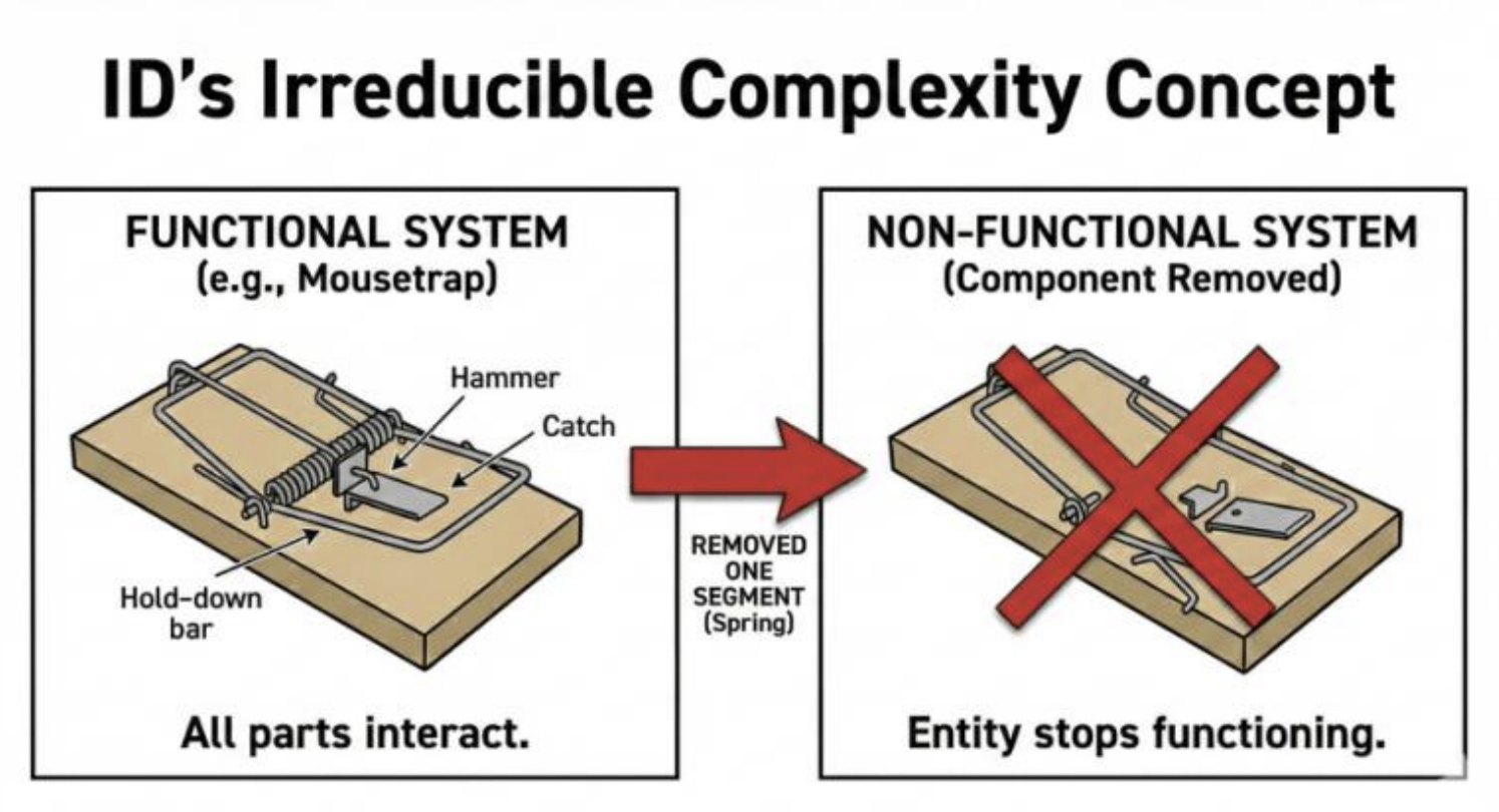 Auto-generated description: A diagram illustrates the concept of Irreducible Complexity by comparing a functional mousetrap system to a non-functional one missing a spring, highlighting that all parts must interact for the system to work.