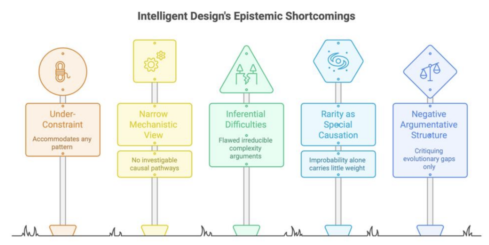 Auto-generated description: A diagram outlines five epistemic shortcomings of Intelligent Design: under-constraint, narrow mechanistic view, inferential difficulties, rarity as special causation, and negative argumentative structure, each represented with an icon and brief description.