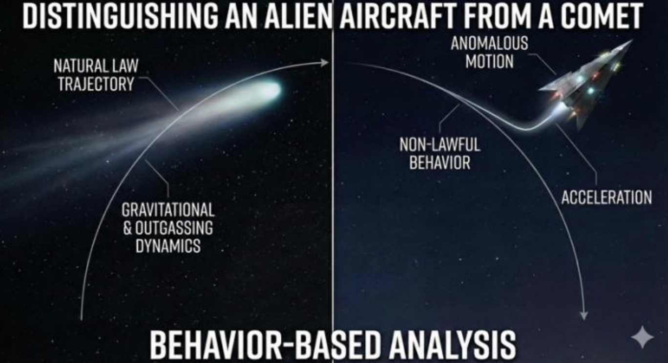 Auto-generated description: A comparison between a comet and an alien aircraft is presented, highlighting trajectory and behavioral differences such as natural law adherence for comets and anomalous motion for alien aircraft.