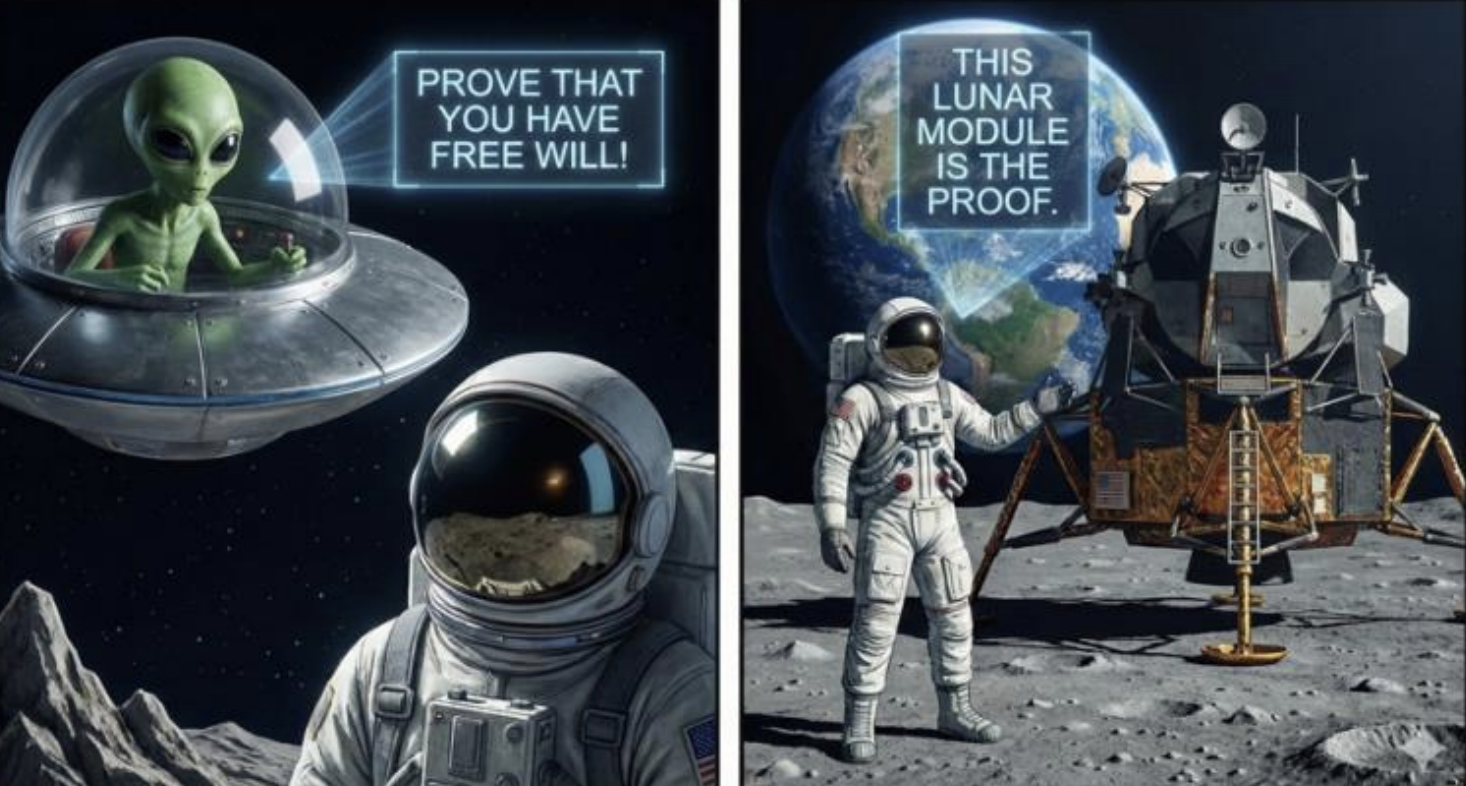 Auto-generated description: An alien in a spaceship questions a human's free will, while an astronaut on the moon points to a lunar module as proof.