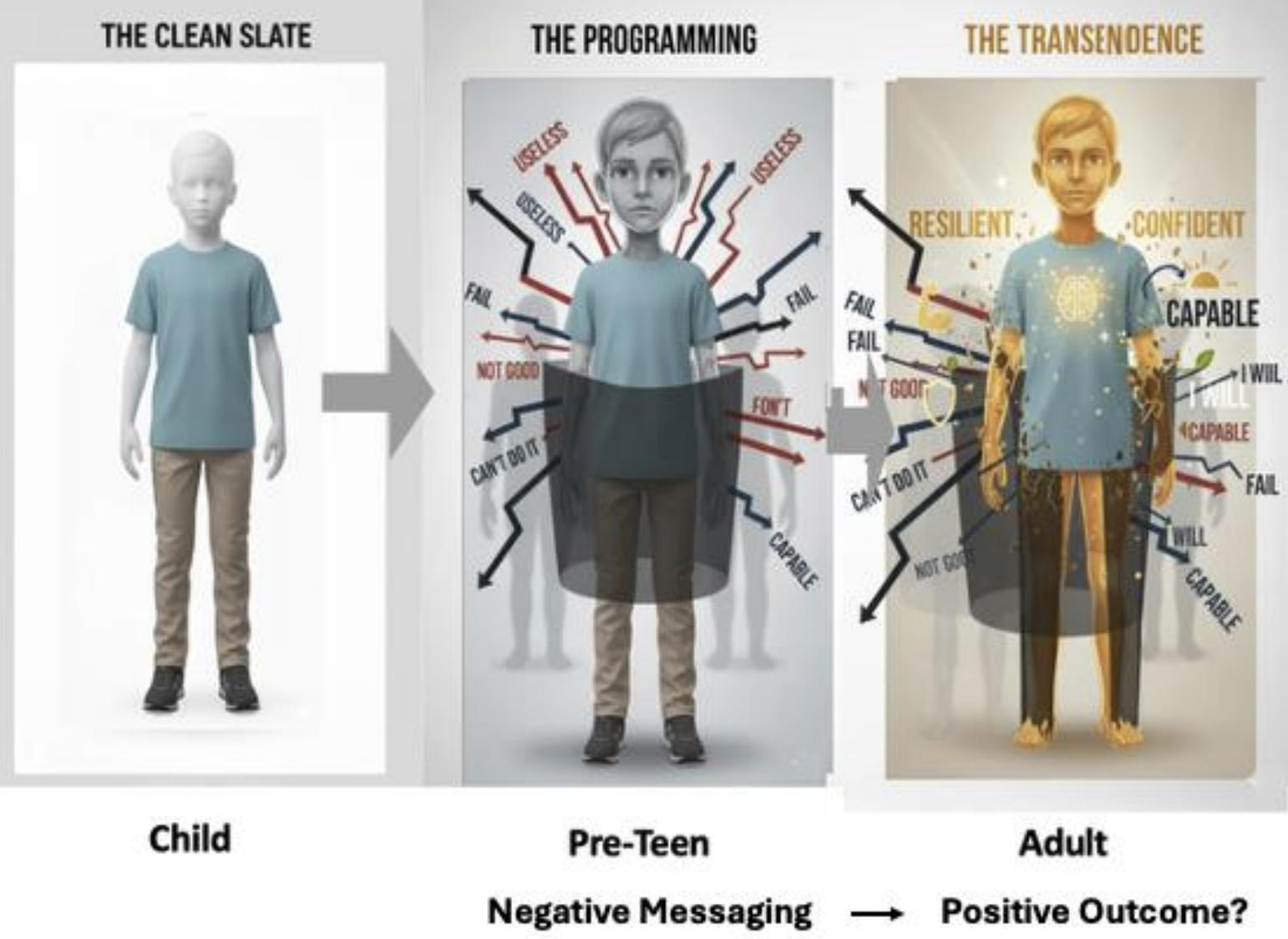 Auto-generated description: A transition from childhood to adulthood is depicted, showing the impact of negative messaging during the pre-teen years and its influence on adult self-perception.