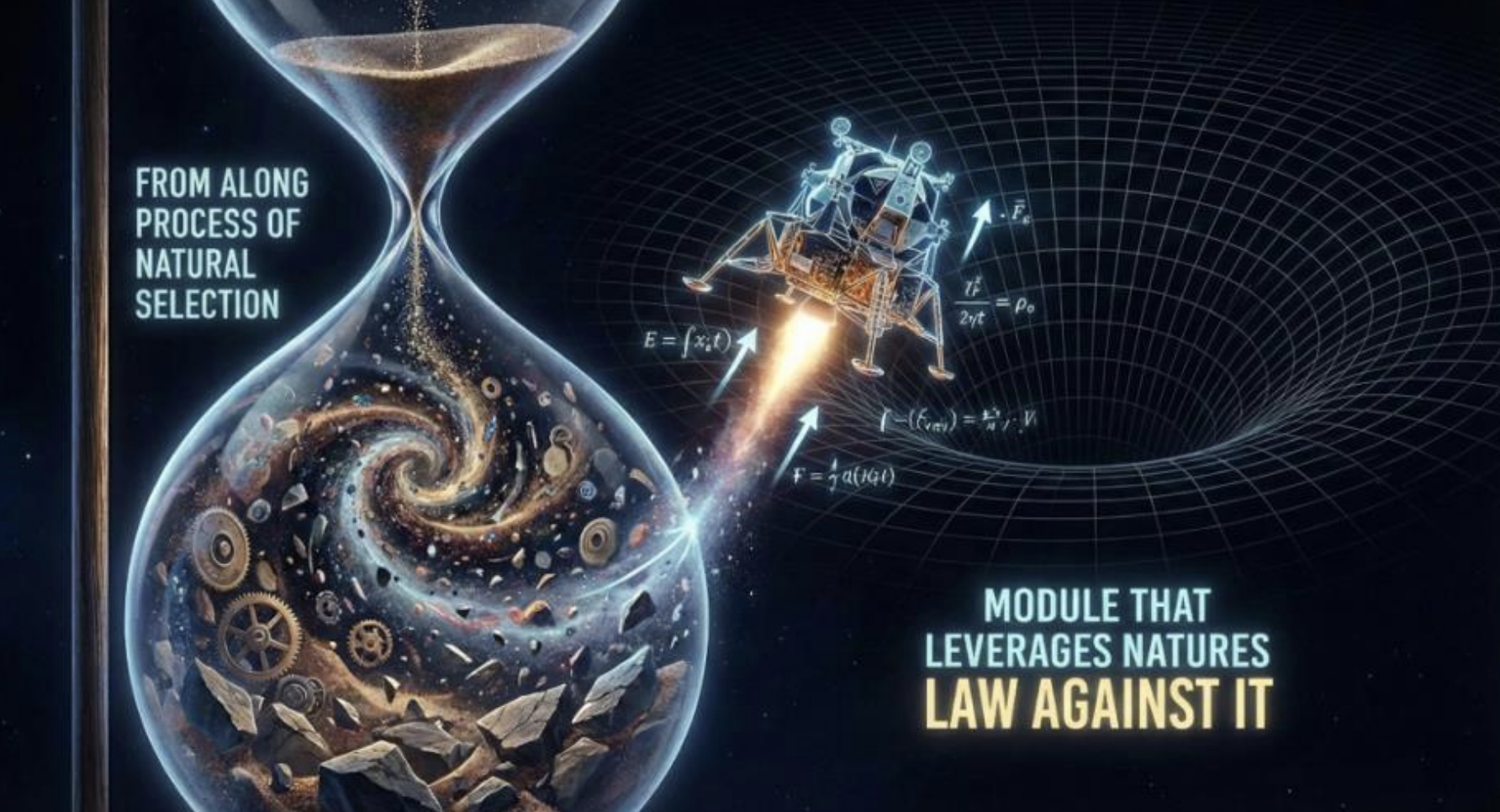 Auto-generated description: An hourglass with natural elements at the bottom contrasts with a futuristic spacecraft launching into space, accompanied by text about natural selection and a module challenging nature's laws.