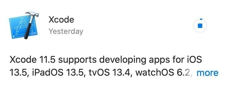 XCode update downloading from the Mac App Store, a tiny sliver of progress is visible.